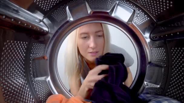 Woman Hand Clean Clothes Washing Machine View Drum Laundry Concept — Wideo stockowe