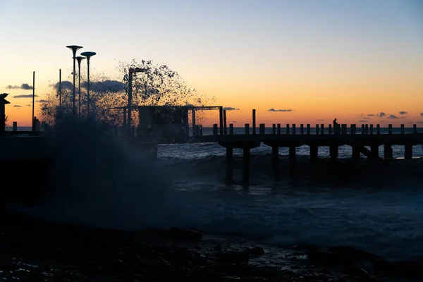 Storm Waves Black Sea Coast Batumi Georgia Huge Waves Pier — Stock Fotó