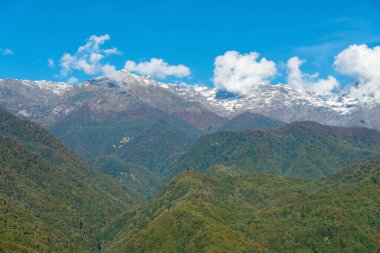 Güneşli bir günde karlı zirveleri olan güzel yeşil dağlar. Güzel dağ manzarası