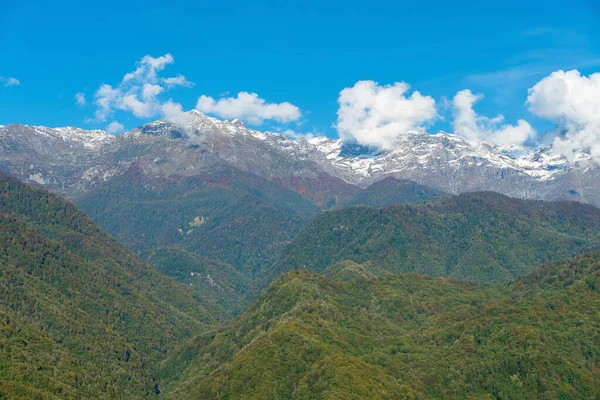 Güneşli bir günde karlı zirveleri olan güzel yeşil dağlar. Güzel dağ manzarası