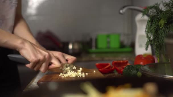 Female housewife prepares healthy food in kitchen. She slices vegetables. — Wideo stockowe