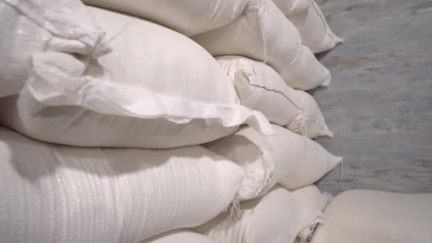 In stock, rice, sugar, cereals and flour are prepared in bags for shipment — Stockvideo