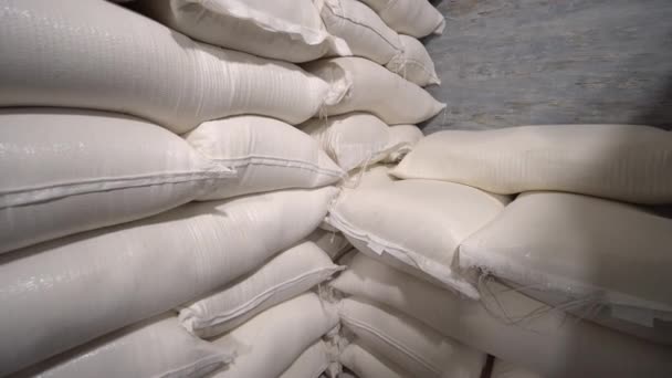 In stock, rice, sugar, cereals and flour are prepared in bags for shipment — Stockvideo