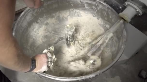 Industrial mixer for kneading dough. Mixing equipment in bakery. — Wideo stockowe