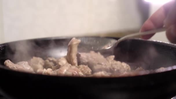 여자 손 이 프라이팬에 고기를 숟가락으로 넣는다. 클로즈업. — 비디오