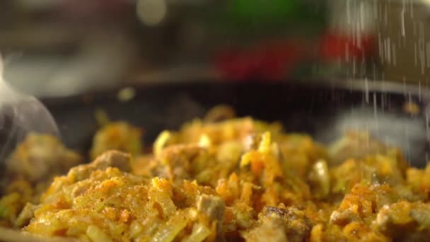 Frying pan with meat and vegetables close-up. — Stockvideo