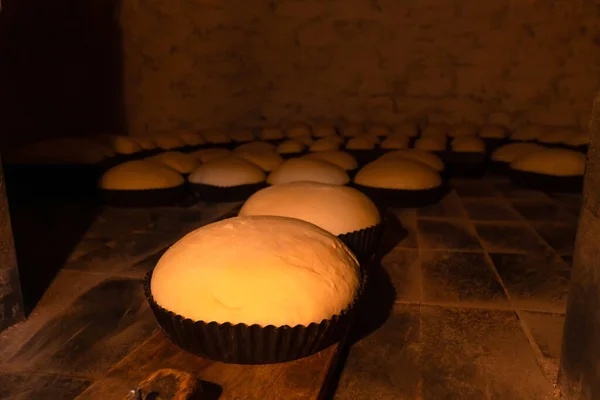 Close-up of bread dough in molds is sent to a shovel in a stone preheated oven at a factory or bakery