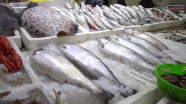 Batumi Georgia 'daki taze deniz ürünleri pazarı. Buzda canlı balık. Flounder, kırmızı kefal, somon balığı, yayın balığı, yılan balığı, kurbağa, ışın balığı, mersin balığı, midye, istiridye. Markette buzlu balık. Balıklar sokakta satılır..