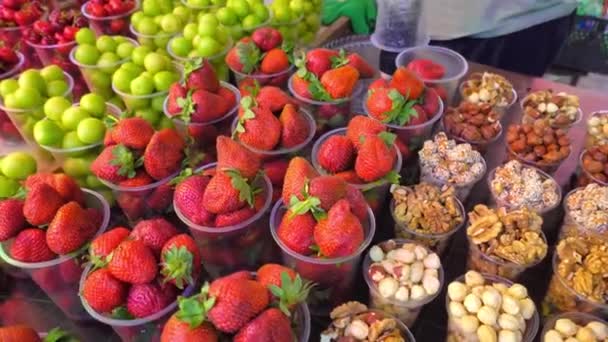 Market Located Georgia Plastic Cups Dried Fruits Nuts Strawberries Cherry — Stock Video