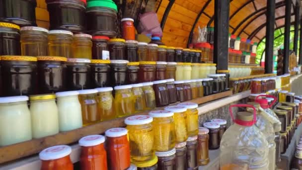 Jars Honey Jam Columns Rows Window Souvenirs Tourists Georgia Yellow — Stock videók