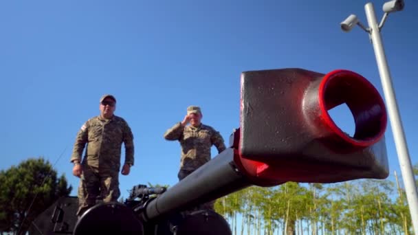Batumi Georgia May 2022 Soldiers Sit Armored Vehicles Blue Sky — Vídeos de Stock