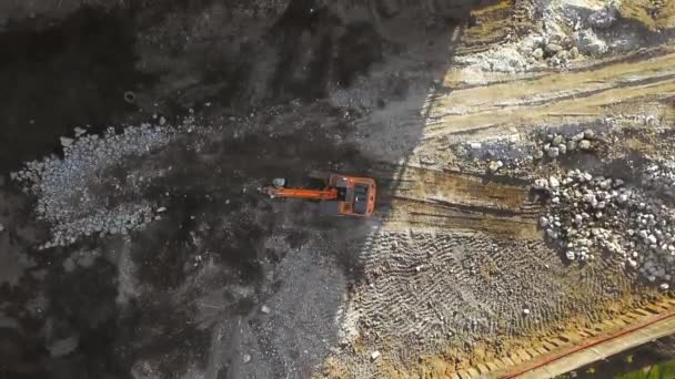 Large Yellow Excavator Bulldozer Moves Construction Site Quarry Building Site — Video