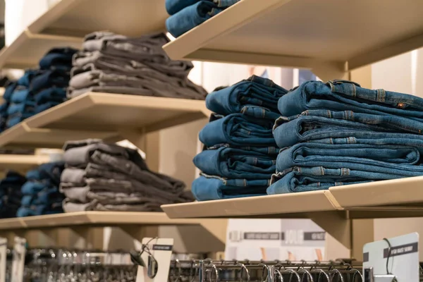 Stacks Jeans Shelf Mall Store Concept Buying Selling Shopping Denim — Foto de Stock
