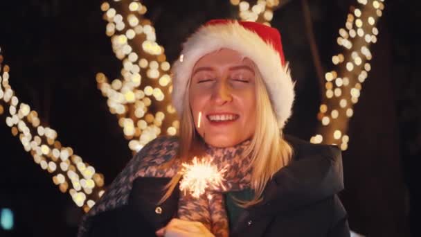 Magical Hot Light Street Lamps Park Falls Eyes Woman Santa — Stockvideo