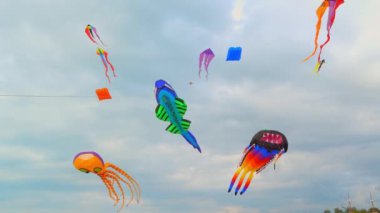 Various kites flying across blue sky with clouds. Realistic kite Sky composition. Celebration or leisure activities. children's toy and outdoor activities. Immersion in childhood or sleep.