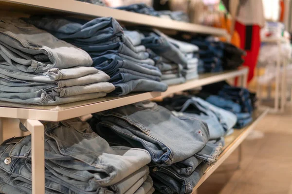 Stacks Jeans Shelf Mall Store Concept Buying Selling Shopping Denim — Foto de Stock