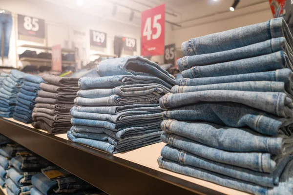 Stacks Jeans Shelf Mall Store Concept Buying Selling Shopping Denim — Foto de Stock