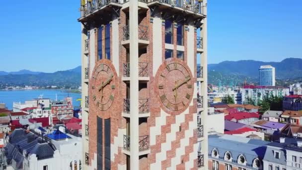 View Drone Sunny Day Clock Tower Located Piazza Square Batumi — ストック動画