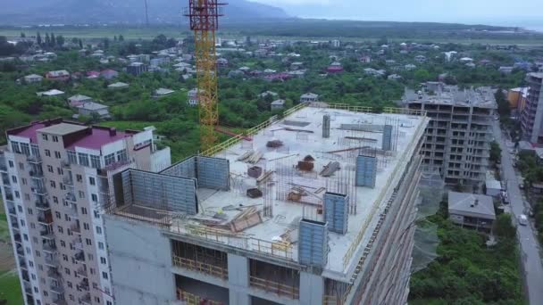 Drone View Multi Storey Building Construction Tower Crane Background Mountains — Wideo stockowe