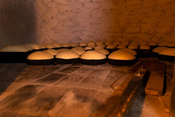 Close Bread Dough Molds Sent Shovel Stone Preheated Oven Factory — Stock Photo, Image