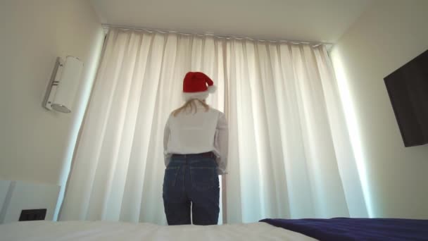 Young Woman Gets Out Bed Bedroom Window Pushes Beige Curtains — Stok video