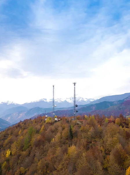 Drone View Two High Voltage Towers Antennas Forest Mountains Autumn — Stok fotoğraf