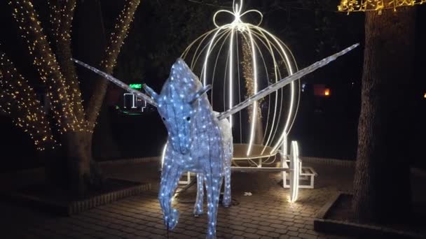 Glowing Horse Wings Carriage Park Night City Christmas New Year — Vídeo de stock
