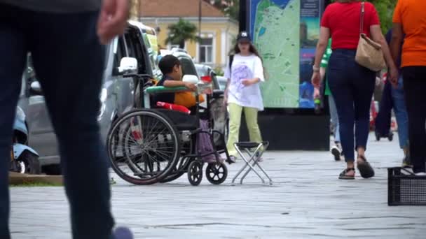 Batumi Georgia May 2022 Little Boy Sits Wheelchair Asks Alms — Vídeos de Stock