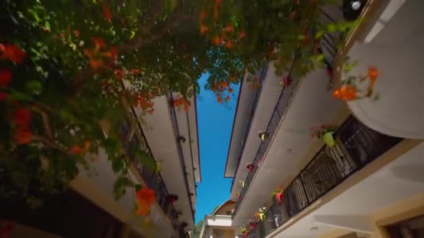 Camera Movement Two Buildings Hotel Italian Style Hotels Close Each — Vídeo de Stock