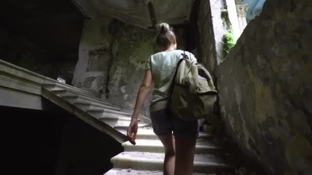 Young Beautiful Tourist Woman Walks Abandoned Building Santaroia Medea City — Video