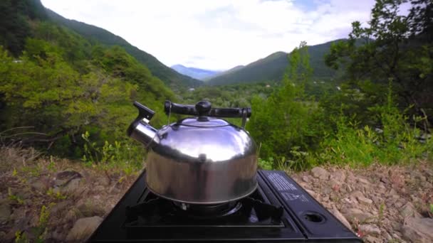 Tourist Gas Stove High Kettle Amazing Scenery Autumn Sunny Day — Vídeo de Stock