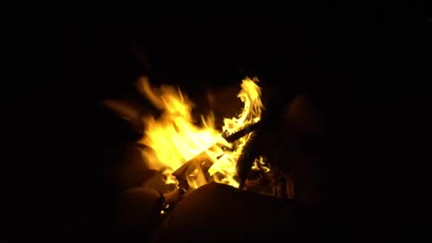Burning Fire Night Strong Wind Fanns Flames Almost Extinguishes Fire — Stockvideo