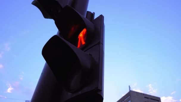 Red Traffic Light Symbol Person Standing Blue Sky City Light — Stock videók
