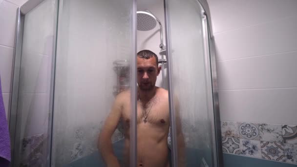 Man Taking Shower Washes His Hair Underwater Shower Shower Person — Wideo stockowe