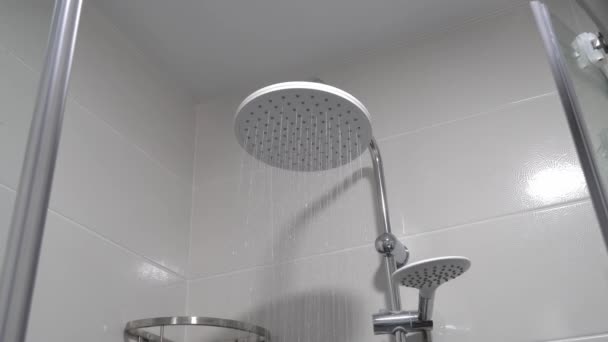 Fresh Shower Splashes Water Droplets Water Flows Shower Head Faucet — Video