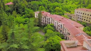 Detail of abandoned Soviet sanatorium Medea in Tskaltubo, Georgia. Tskaltubo was important balneological resort in Soviet times. Historical abandoned sanatorium. view from height of drone