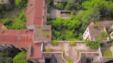 Detail of abandoned Soviet sanatorium Medea in Tskaltubo, Georgia. Tskaltubo was important balneological resort in Soviet times. Historical abandoned sanatorium. view from height of drone