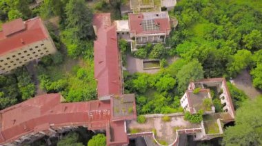 Detail of abandoned Soviet sanatorium Medea in Tskaltubo, Georgia. Tskaltubo was important balneological resort in Soviet times. Historical abandoned sanatorium. view from height of drone