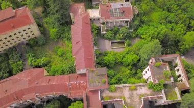 Detail of abandoned Soviet sanatorium Medea in Tskaltubo, Georgia. Tskaltubo was important balneological resort in Soviet times. Historical abandoned sanatorium. view from height of drone