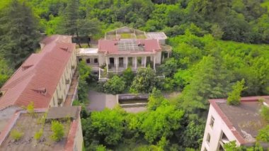 Detail of abandoned Soviet sanatorium Medea in Tskaltubo, Georgia. Tskaltubo was important balneological resort in Soviet times. Historical abandoned sanatorium. view from height of drone