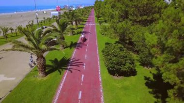 Bike path along palm alley near pebble beach overlooking blue sea and clear blue sky, Batumi Georgia, drone view. Red bike road in park in city.