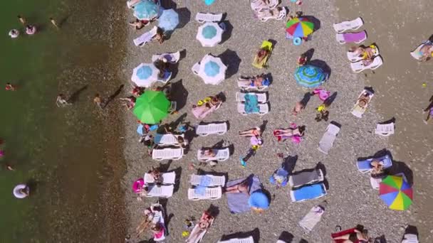 Αεροφωτογραφία Στην Παραλία Και Ομπρέλες Παραλία Και Γαλάζια Νερά Φόντο — Αρχείο Βίντεο