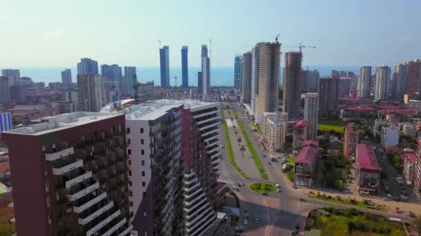 View Drone Skyscrapers Main Street Big City Sea Panoramic View — Video