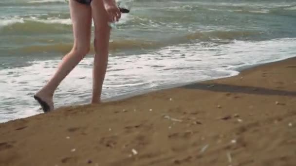 Zarif Siyah Bikinili Genç Narin Bir Kadın Bir Bardak Şarapla — Stok video