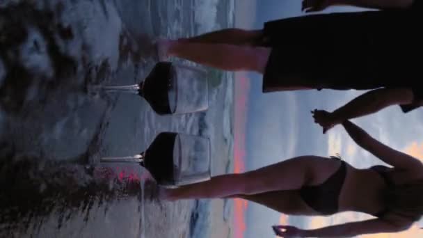 Woman Man Enters Ocean Sea Knee Deep Backdrop Beautiful Sunset — Wideo stockowe