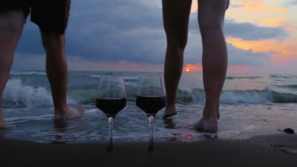 Young Woman Man Enters Ocean Sea Knee Deep Backdrop Beautiful — Vídeos de Stock