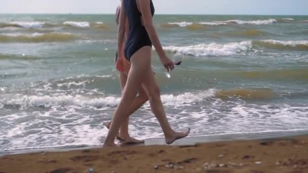 Young Slender Beautiful Women Elegant Black Bikini Walk Seashore Glass — Video