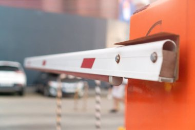 Close-up of the barrier entrance to the territory. The passage of cars to the territory through a barrier with video fixation. Automatic security system. Automatic entry system