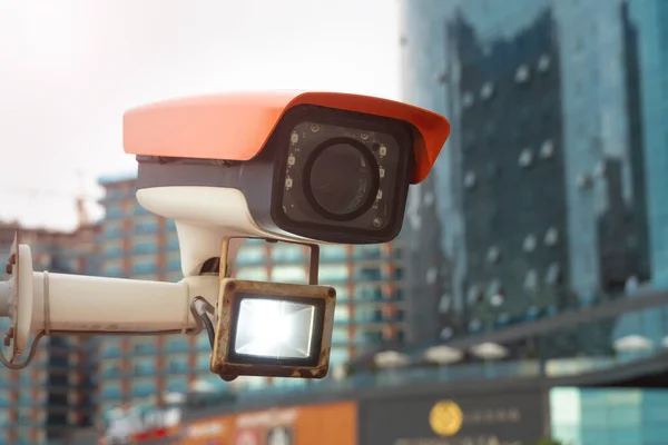 Close Outdoor Orange White Surveillance Camera Background Modern Multi Storey — 스톡 사진