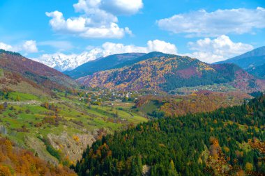 Güneşli bir günde, dağlarda güzel bir sonbahar manzarası. Seyahat konsepti, açık hava eğlencesi